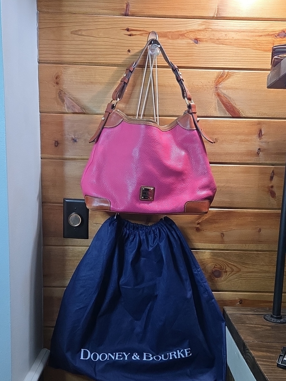 Dooney & Bourke Pink Pebble Leather Shoulder Bag with Brown Trim